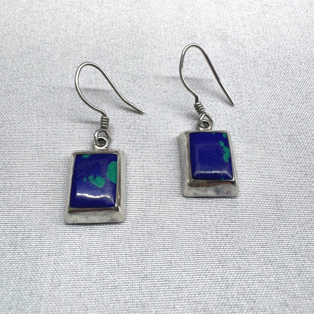 Vintage Azurite Malachite Earrings Women OS Blue Good Sterling Silver Drops - Picture 2 of 7